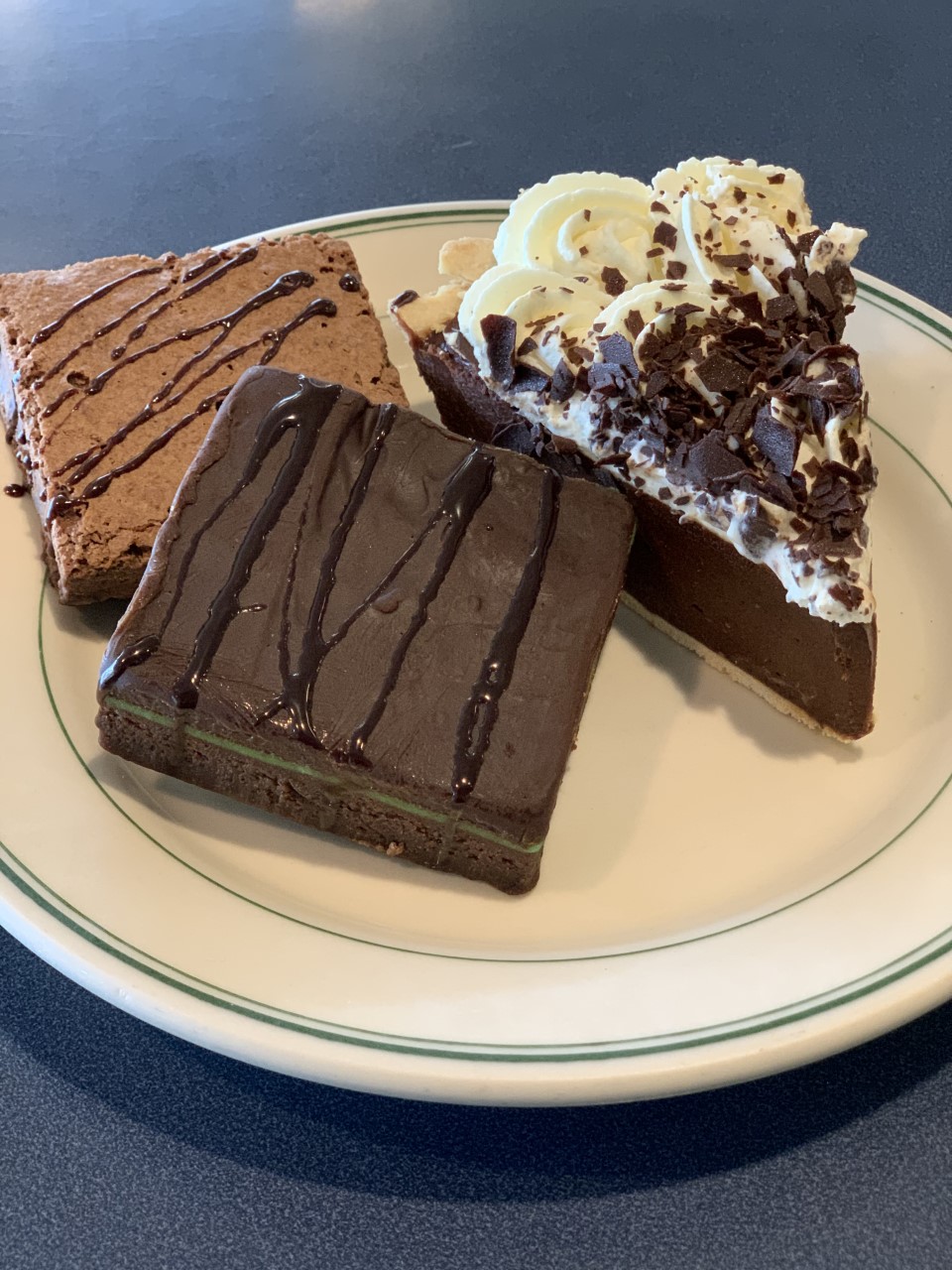 Three chocolate desserts on a plate.
