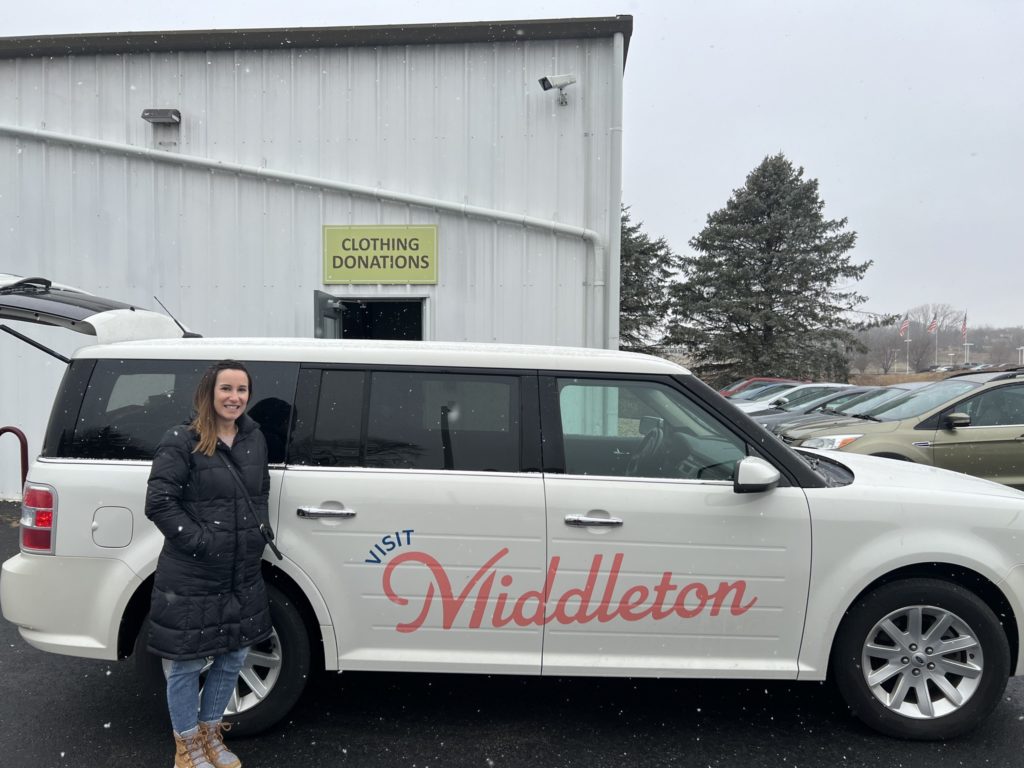 Laura Portz, with Visit Middleton, makes a weekly drop-off at Middleton Outreach Ministry, for Keeping Neighbors Warm, a winter clothing drive. (Photo by MOM, 2022)